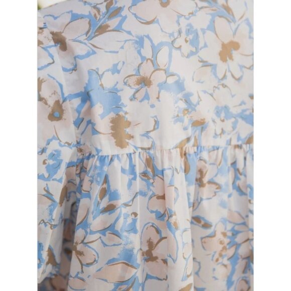 NWT Voy Blue/Brown Floral Escape Bubble Sleeve Tiered Dress~SMALL - Picture 5 of 8